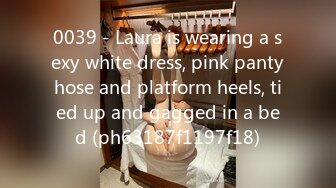 0039 - Laura is wearing a sexy white dress, pink pantyhose and platform heels, tied up and gagged in a bed (ph63187f1197f18)